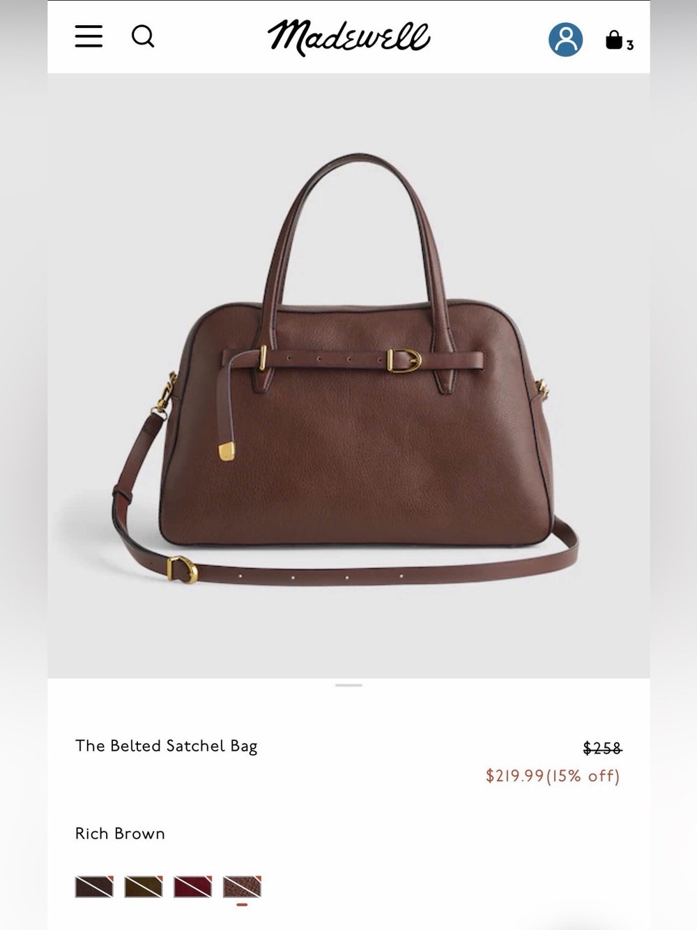 Madewell “The Belted Satchel Bag” in Rich Brown, NWOT